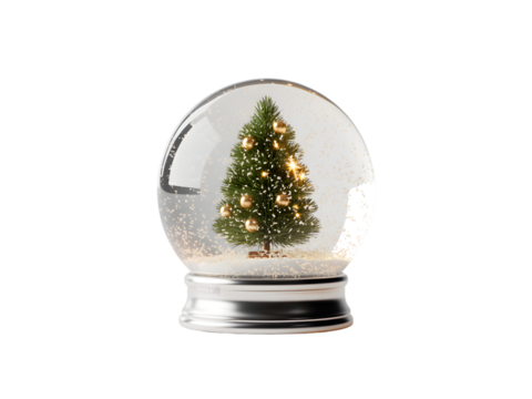 Festive 3D Christmas snow globe with decorated pine tree, golden ornaments, and falling snow on a dark background. Perfect for holiday greetings & winter designs.