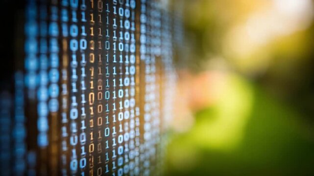 Digital Binary Code Interface: A dynamic representation of digital information, highlighting binary code within a technological environment, with data streaming and coding as integral parts.