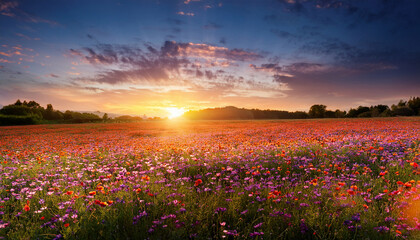 Sunset Over Flower Field