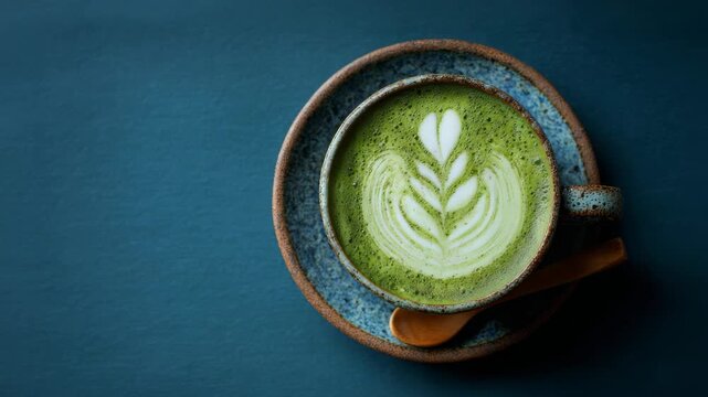 Artistic matcha latte with leaf latte art in a rustic mug on a blue surface