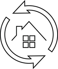 Clean minimal line-style vector icon showing a house surrounded by a circular arrow. Represents home improvement, renovation cycle, property update, home sync, maintenance, and smart home