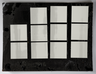 old medium-format contact paper sheet template featuring a 6×6 film layout with empty photo frames and transparent placeholders.