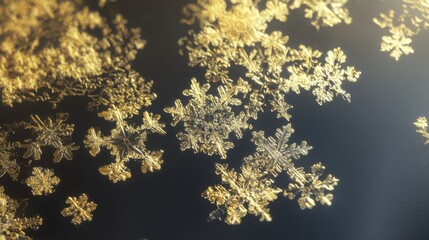 macro shot of gold colored frost snowflake patterns on transparent acrylic panel luxury futuristic winter aesthetic crisp detail shimmering