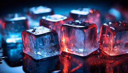 Intense Cold Ice Cubes In Moody Blue And Red Lighting Cinematic Close Up On Dark Surface