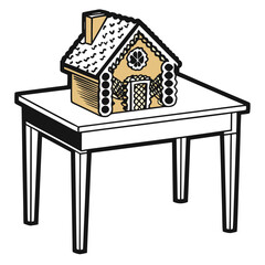 Gingerbread house on table with snow decoration for winter theme  