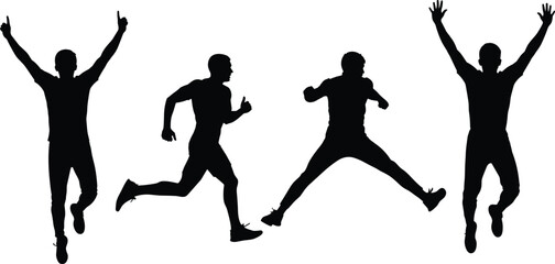 Silhouettes of athletic men running, jumping, celebrating with raised arms, energetic male movement poses, active sports action vector illustration set