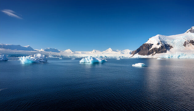 Majestic Glaciers And Icebergs In Distance Create Stunning Icy Landscape Under Clear Blue Sky