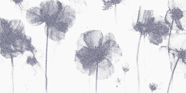 Transparent floral pattern with fine ink lines, dusty stipple texture and paper grain, soft vintage speckle and faded background noise.