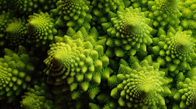 macro shot of romanesco broccoli fractal spirals neon green geometric pattern hyper detailed natural symmetry - Powered by Adobe