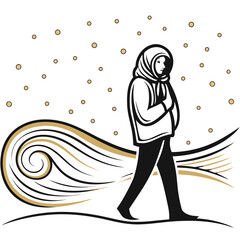 Woman walking in a blizzard with a scarf during winter in the village  