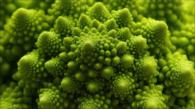macro shot of romanesco broccoli fractal spirals neon green geometric pattern hyper detailed natural symmetry