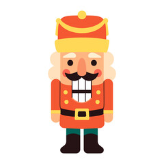 Nutcracker soldier character in bright red uniform with gold details and black boots. Cheerful festive figure with smiling face rosy cheeks mustache and traditional holiday appearance