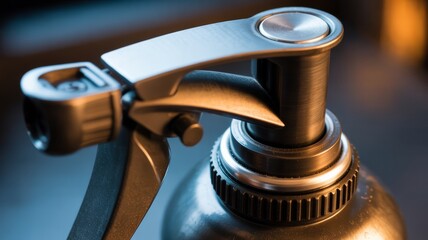 Obraz premium Closeup of a metal spray bottle with a trigger mechanism on top, shiny