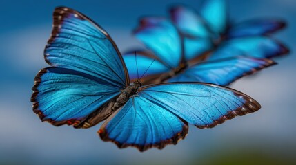 Bright blue butterflies flying in a sunny sky over a lush garden