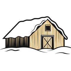 Barn covered in snow with wooden structure in winter village  