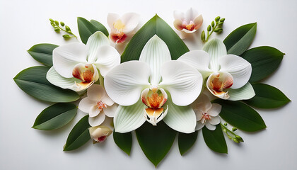 Obraz premium On A White Backdrop Elegant Orchid Flowers Are Arranged Symmetrically With Green Leaves And Buds To Form A Soft Floral Design