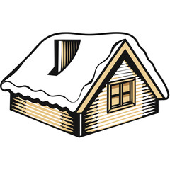 Snow-covered wooden cabin with sloped roof in winter setting  