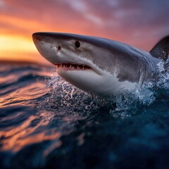 Naklejka premium Shark breaching the ocean surface during sunset with vibrant sky colors