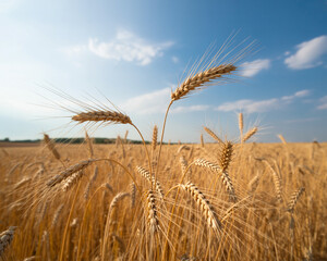 Golden wheat field under bright blue sky with wispy clouds agriculture harvest