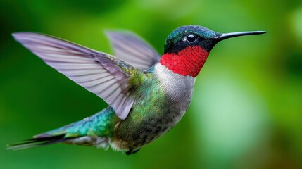 Obraz premium Colorful hummingbird flying through green foliage in a sunny garden setting