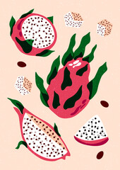 Abstract dragon fruit poster. Exotic pitaya tropical fruit banner, vintage ripe organic sweet dessert packaging design, cartoon raw product risograph style. Vector background