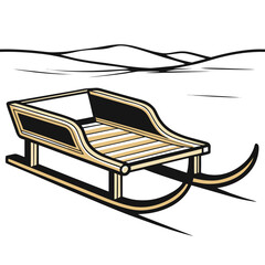 Sleigh in snowy landscape with rolling hills and winter scenery  