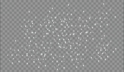 Realistic snow fallen on transparent background. Abstract dust particles, white confetti. Festive wallpaper element for christmas poster