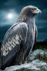Fototapeta premium Majestic eagle perched on a rocky surface under a full moon at night