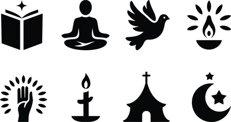 Spiritual and religious symbols collection with meditation peace icons, faith elements, sacred worship signs and harmony illustrations, flat vector illustration