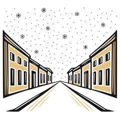 Winter street scene with snowflakes falling over buildings  