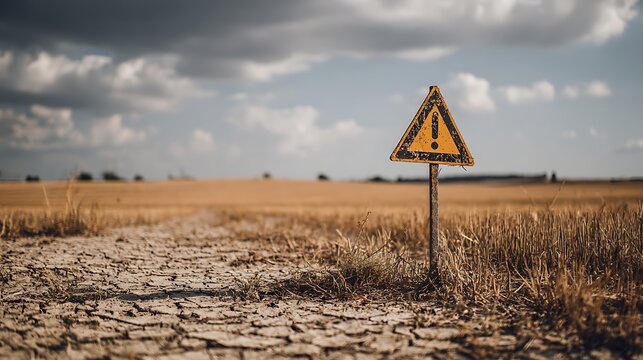 A weathered, rusty warning sign stands precariously in a dry, cracked earth field under a dramatic, cloudy sky, symbolizing environmental danger - Powered by Adobe