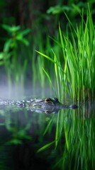 Obraz premium Crocodile gliding through calm waters among lush green plants at dawn