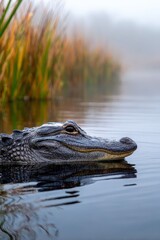 Obraz premium Crocodile swimming calmly in a misty wetland during early morning hours