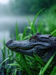 Fototapeta premium Crocodile resting near a calm river surrounded by green foliage in the morning