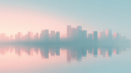 Naklejka premium Minimal abstract city silhouette in pastel tones, soft building shapes, smooth diffused evening light, hazy gradient sky, gentle reflections, dreamy