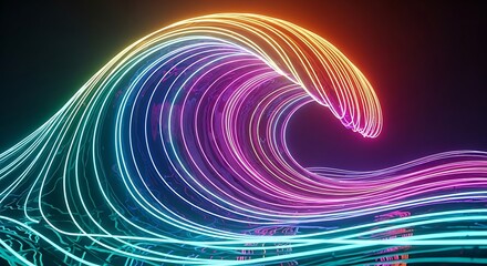 Abstract neon wave of light in rainbow colors on dark background