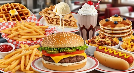 Abundant american diner food spread featuring burgers fries and pancakes