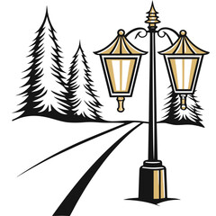 Snowy street with lanterns and pine trees in winter scene  