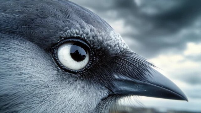 A close-up shot of a bird with a cloudy sky as the backdrop, perfect for use in environmental or wildlife-related projects