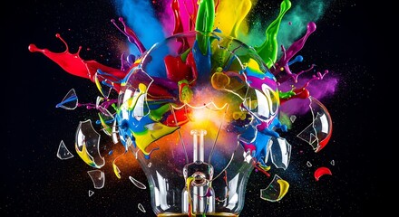 Explosion of vibrant colors bursting from a light bulb against a dark background