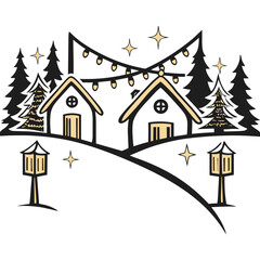Cozy winter village scene with decorated houses and pine trees  