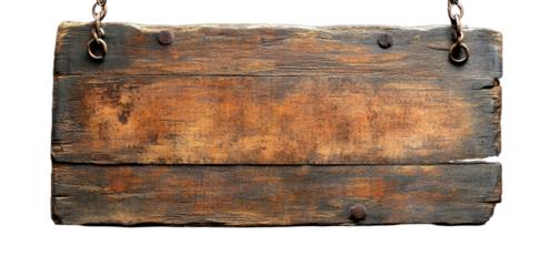 Vintage wooden signboard with rusty chains hanging on white background