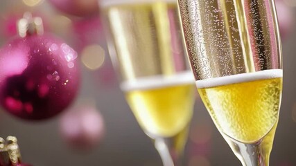 Video Two champagne flutes filled with sparkling wine, placed next to festive Christmas ornaments - Powered by Adobe