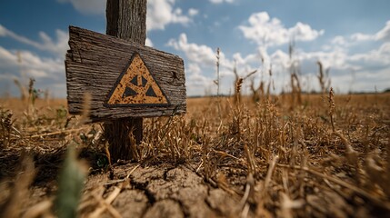 A weathered wooden sign bearing a radiation hazard symbol stands prominently in a dry, cracked field under a bright, partly cloudy sky