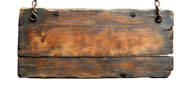 Vintage wooden signboard with rusty chains hanging on white background