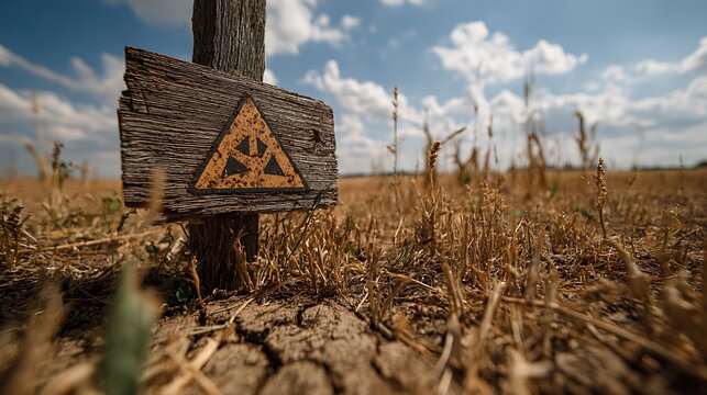 A weathered wooden sign bearing a radiation hazard symbol stands prominently in a dry, cracked field under a bright, partly cloudy sky