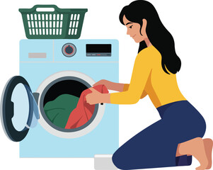 Woman Doing Laundry: Loading Clothes into a Washing Machine - Vector Illustration