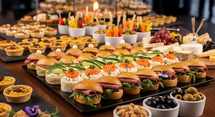 Abundant buffet table filled with delicious mini burgers and appetizers