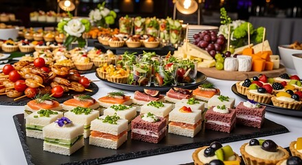 Abundant and colorful buffet spread with a variety of gourmet appetizers and desserts