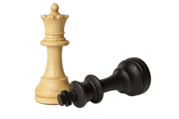 Chess queen standing over a fallen king piece, representing victory, power, and strategic thinking. Transparent background